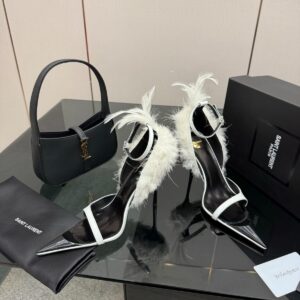 saint laurent inez feather trimmed leather sandals