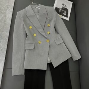 balmain classic gray 6 button double breasted blazer and black flared trousers