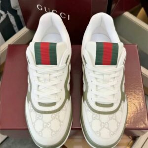 gucci re web sneakers in white and green gg leather